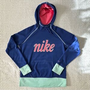 Nike Therma-Fit, Royal Blue & Turquoise/Green Pullover Hoodie Sz L, Embroider